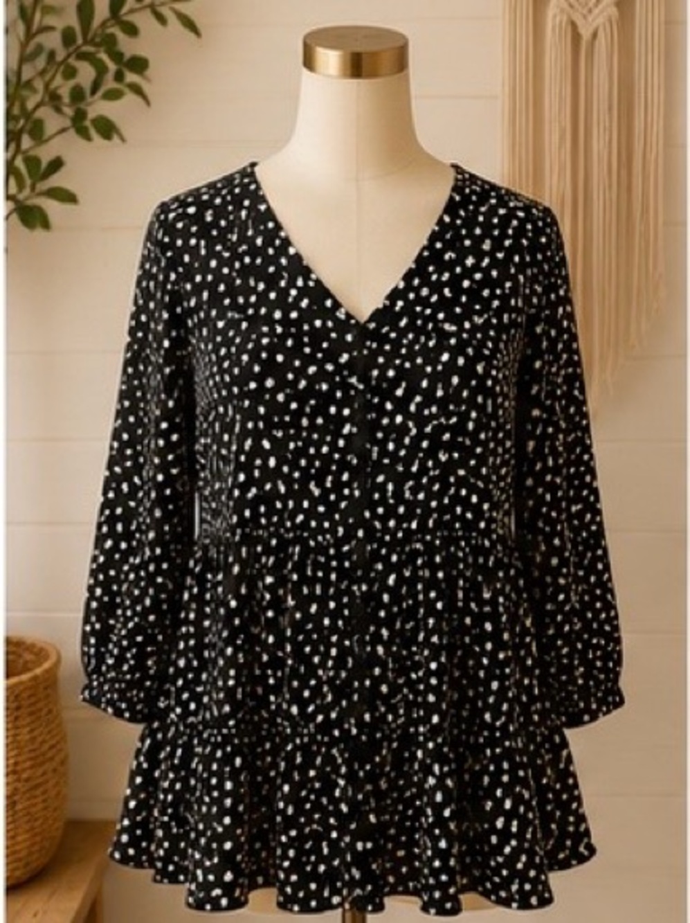 Maeve by Anthropologie Lila Tiered Babydoll Top Black White Small